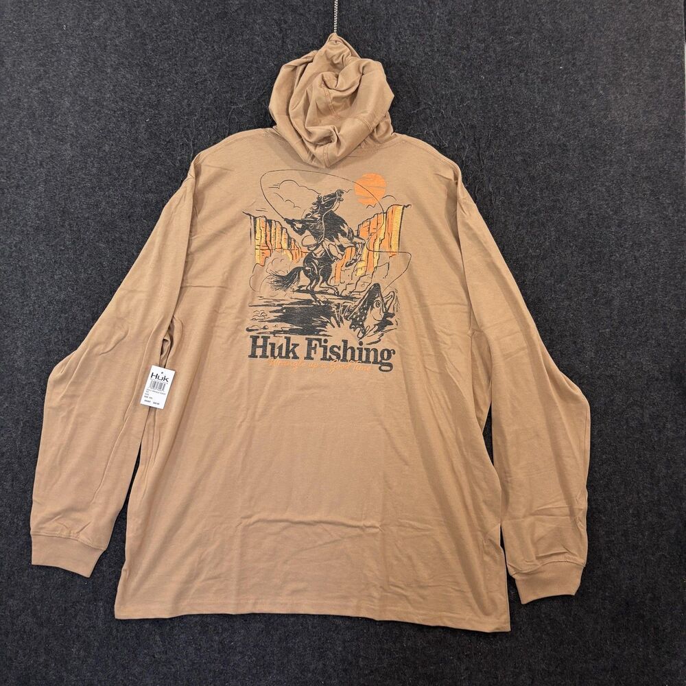 Huk Trout Wrangle Hoodie Shirt Men's XXL Beige Lightweight Fishing Pullover